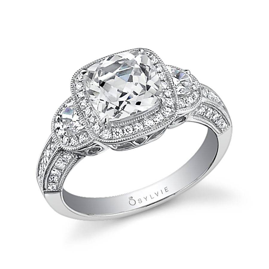 Dominique - Three Stone Halo Engagement Ring - SY474